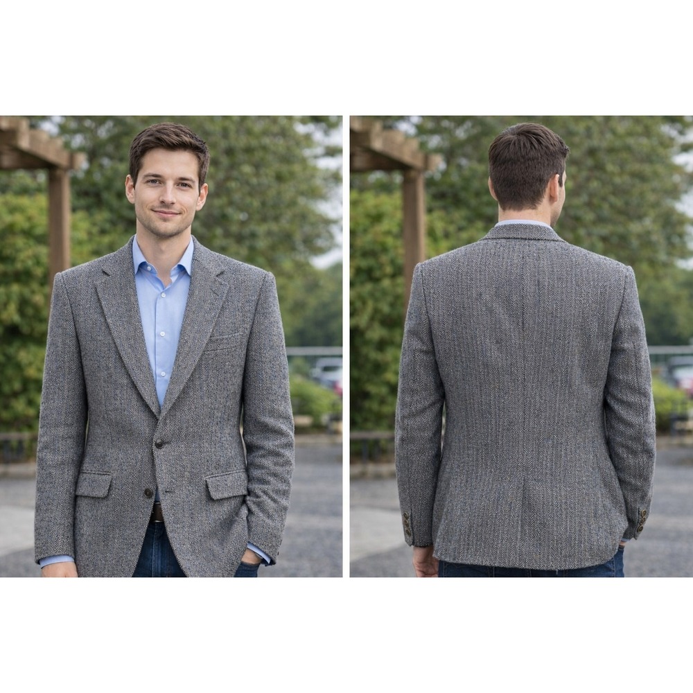Men's Gray Herringbone Tweed Gray Blazer 100% Wool Sport Coat 26" Pit To Pit